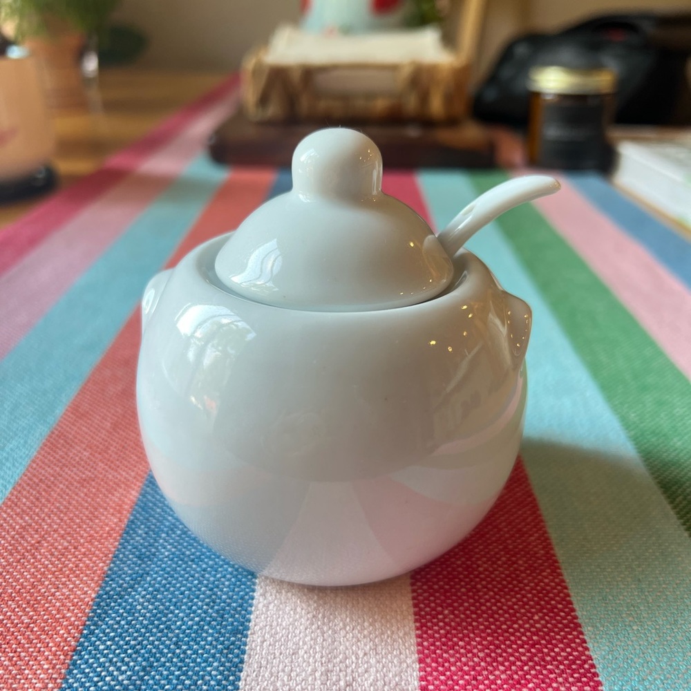 White Ceramic Sugar Bowl with Lid and Spoon